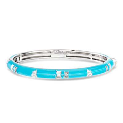 Belle Etoile "Cats" White and Turquoise-Colored Enamel Bangle Bracelet with CZs in Sterling Silver