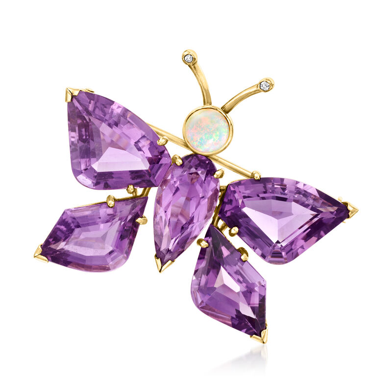 C. 1970 Vintage Opal and 32.00 ct. t.w. Amethyst Butterfly Pin with .15 ct. t.w. Diamonds in 14kt Yellow Gold image number 0