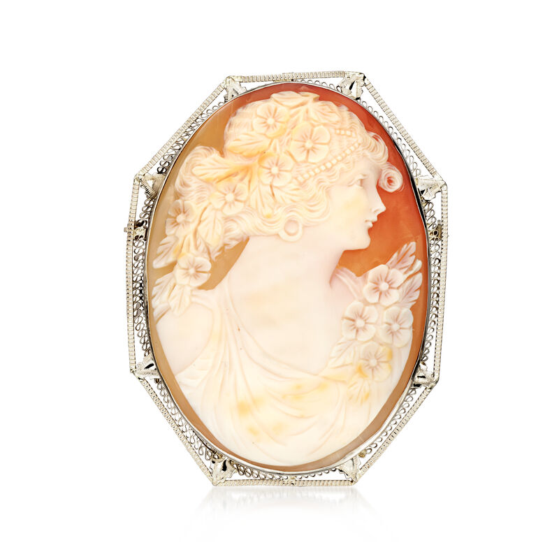 C. 1970 Vintage Brown Shell Cameo Pin/Pendant in 14kt White Gold  image number 3