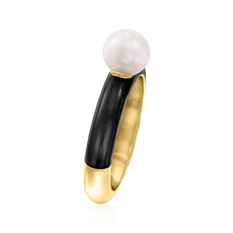 6.5-7mm Cultured Pearl and Black Enamel Ring in 18kt Gold Over Sterling image number 2