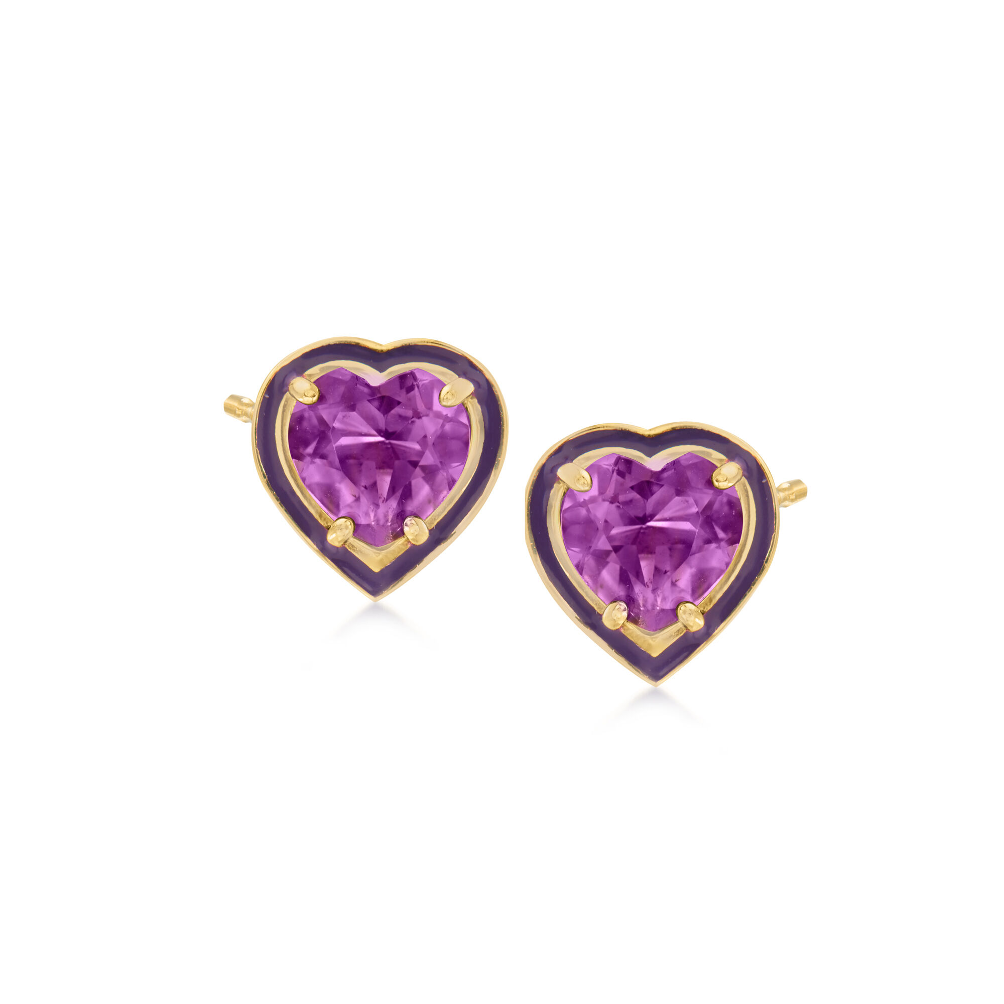 1.20 ct. t.w. Amethyst Heart Earrings with Dark Purple Enamel in 14kt Yellow Gold