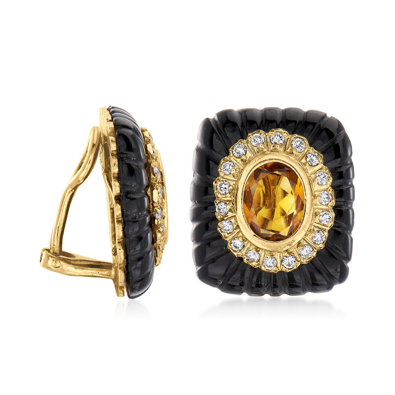 C. 1980 Vintage Black Onyx and 4.00 ct. t.w. Citrine and .75 ct. t.w. Diamond Clip-On Earrings in 14kt Yellow Gold image number 2