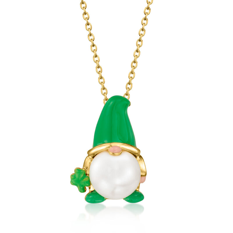 9-9.5mm Cultured Pearl and Green Enamel Leprechaun Gnome Pendant Necklace in 18kt Gold Over Sterling image number 0