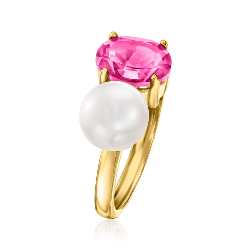 7.5-8mm Cultured Pearl and 2.40 Carat Pink Topaz Toi et Moi Ring in 18kt Gold Over Sterling image number 2