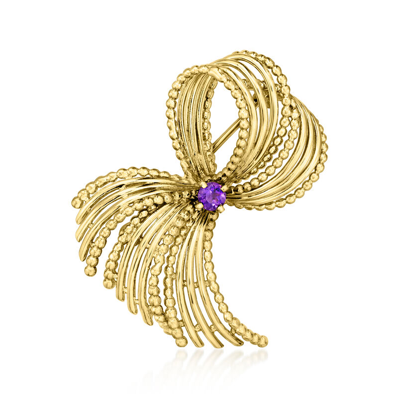 C. 1980 Vintage .30 Carat Amethyst Ribbon Pin in 18kt Yellow Gold  image number 0