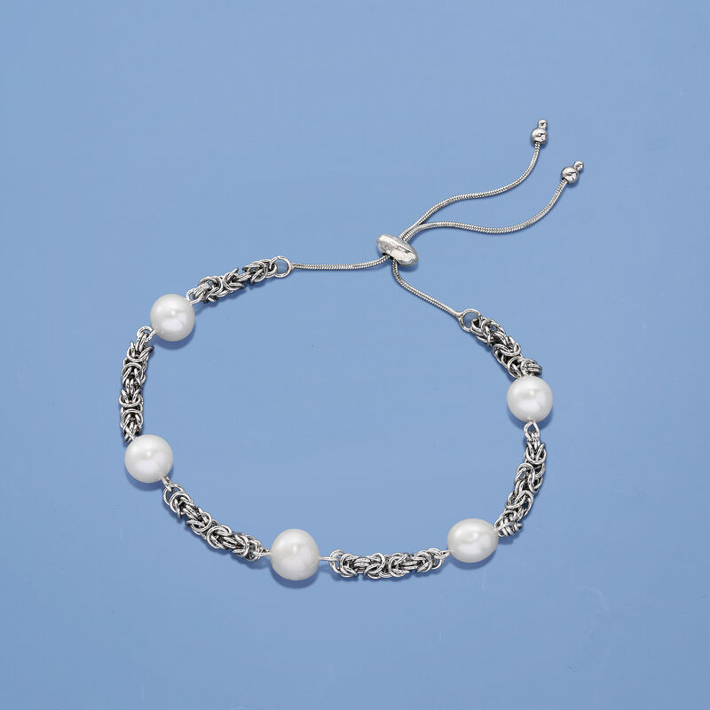 7mm Cultured Pearl Byzantine Link Bolo Bracelet in Sterling Silver image number 3