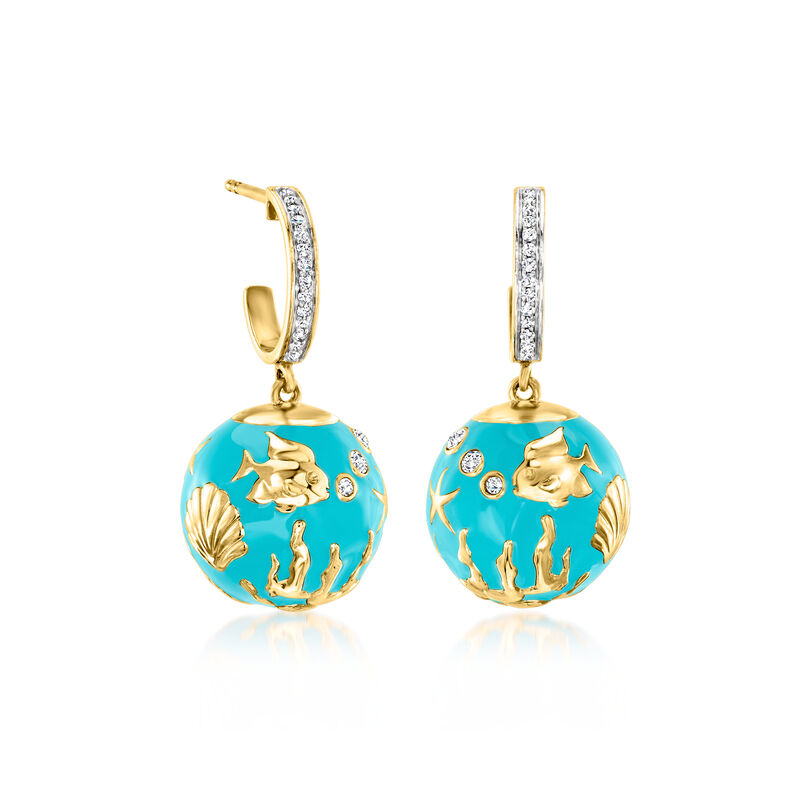 Blue Enamel Sea Life Drop Earrings with White Topaz in 18kt Gold Over Sterling  image number 0
