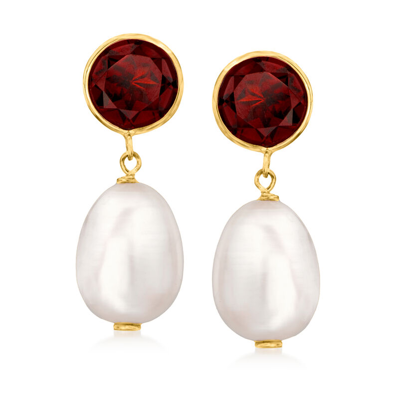 8-8.5mm Cultured Pearl and 2.70 ct. t.w. Garnet Drop Earrings in 14kt Yellow Gold image number 0