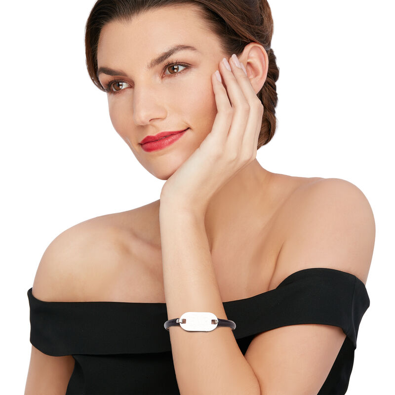 Italian Sterling Silver Personalized Oval Bangle Bracelet with Black Leather image number 1