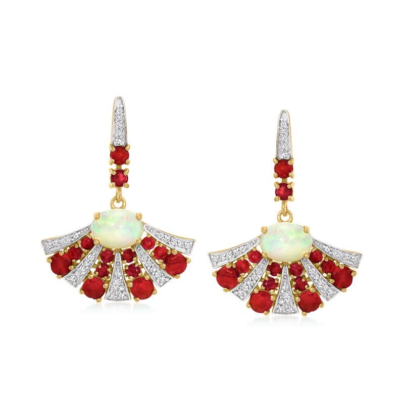 Opal and 2.80 ct. t.w. Ruby Fan Drop Earrings with .50 ct. t.w. White Zircons in 18kt Gold Over Sterling image number 0
