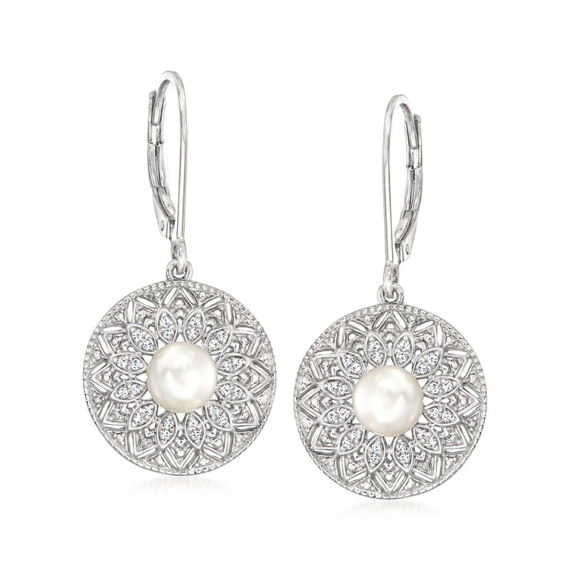 5.5-6mm Cultured Pearl and .12 ct. t.w. Diamond Drop Earrings in Sterling Silver image number 0