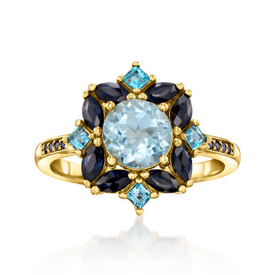 1.50 Carat Sky Blue Topaz, .68 ct. t.w. Sapphire and .30 ct. t.w. London Blue Topaz Ring in 18kt Gold Over Sterling