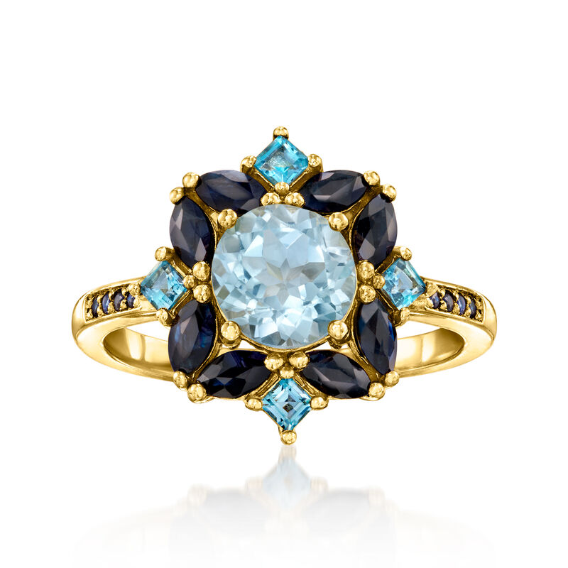 1.50 Carat Sky Blue Topaz, .68 ct. t.w. Sapphire and .30 ct. t.w. London Blue Topaz Ring in 18kt Gold Over Sterling. Size 6 image number 0
