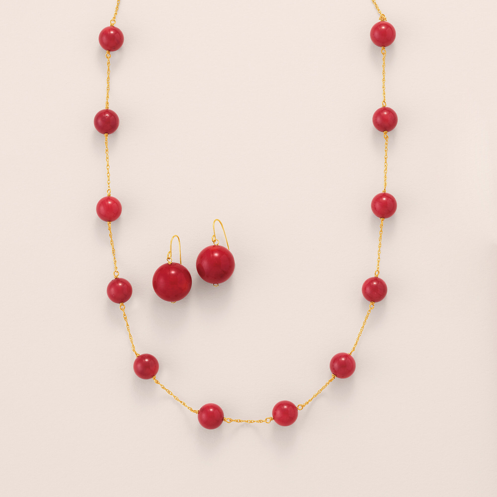 8mm Red Coral Bead Station Necklace in 14kt Yellow Gold | Ross Simons