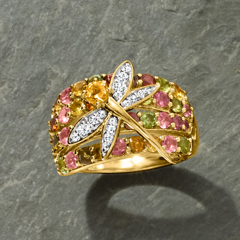 2.95 ct. t.w. Multi-Gemstone Dragonfly Ring in 18kt Gold Over Sterling image number 4