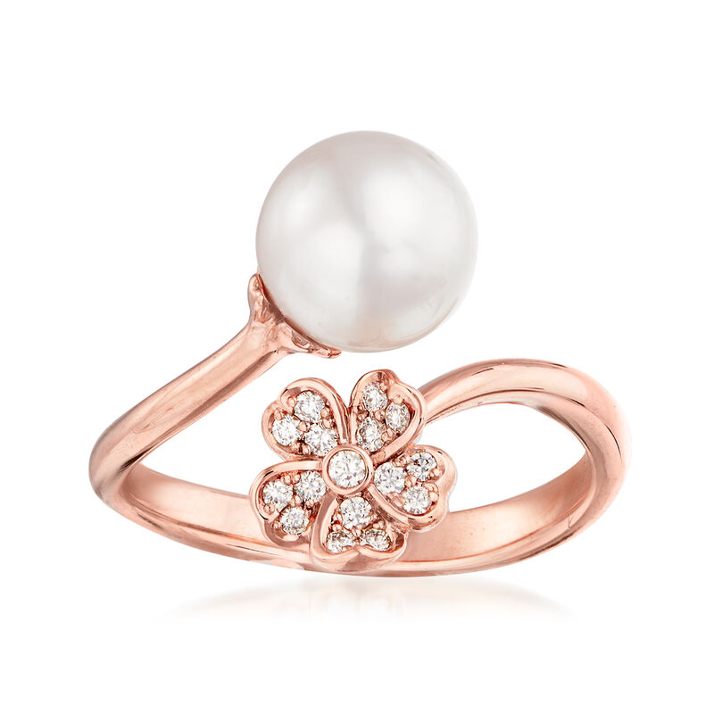 Mikimoto &quot;Cherry Blossom&quot; 8mm A+ Akoya Pearl and .11 ct. t.w. Diamond Bypass Ring in 18kt Rose Gold image number 0
