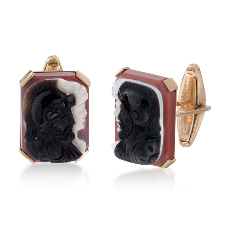 C. 1960 Vintage Lucien Piccard Agate Roman Soldier Cameo Cuff Links in 14kt Yellow Gold image number 0