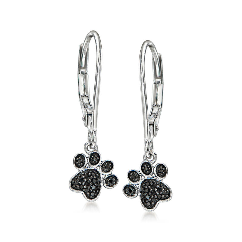Black Diamond Paw Print Drop Earrings in Sterling Silver  image number 0