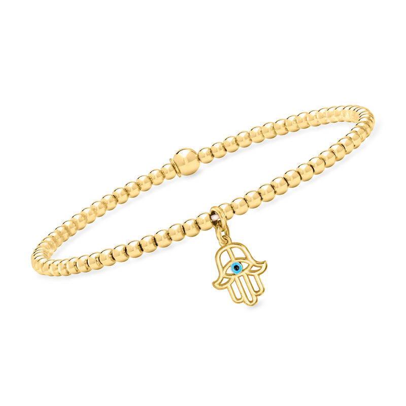 Italian 3mm 18kt Gold Vermeil Bead Stretch Bracelet with Hamsa Charm image number 0