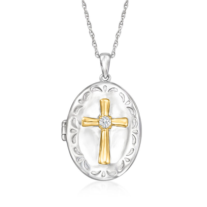 .10 ct. t.w. Diamond Cross Locket Necklace in Sterling Silver and 18kt Gold Over Sterling. 18&quot; image number 1