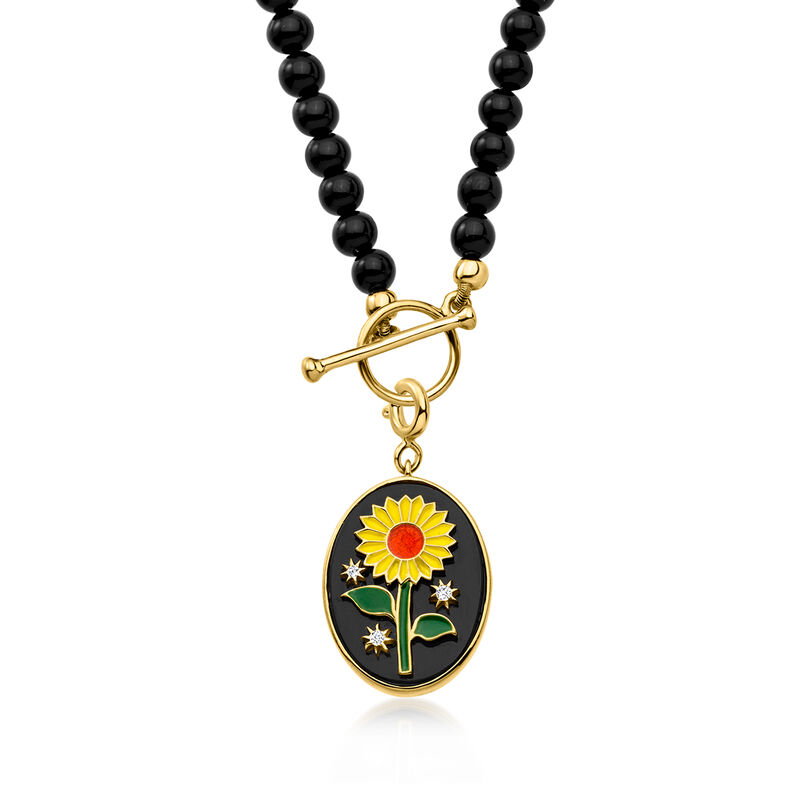 Onyx and Multicolored Enamel Sunflower Charm with White Topaz in 18kt Gold Over Sterling image number 2