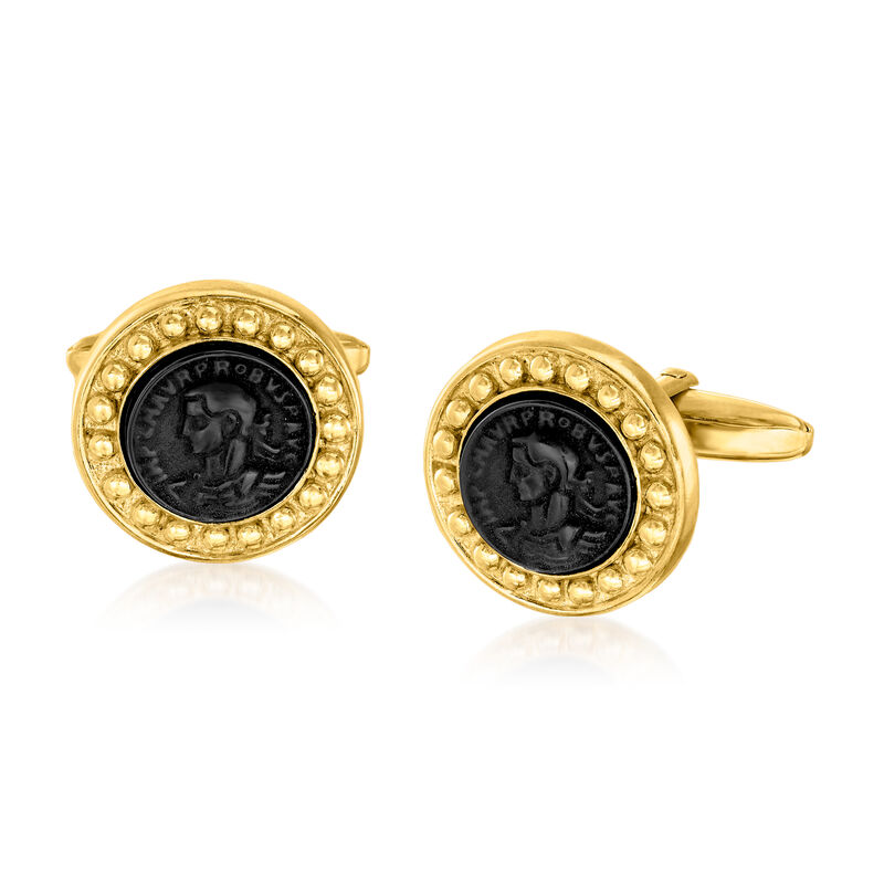 Italian Tagliamonte Black Venetian Glass Cuff Links in 18kt Gold Over Sterling image number 0