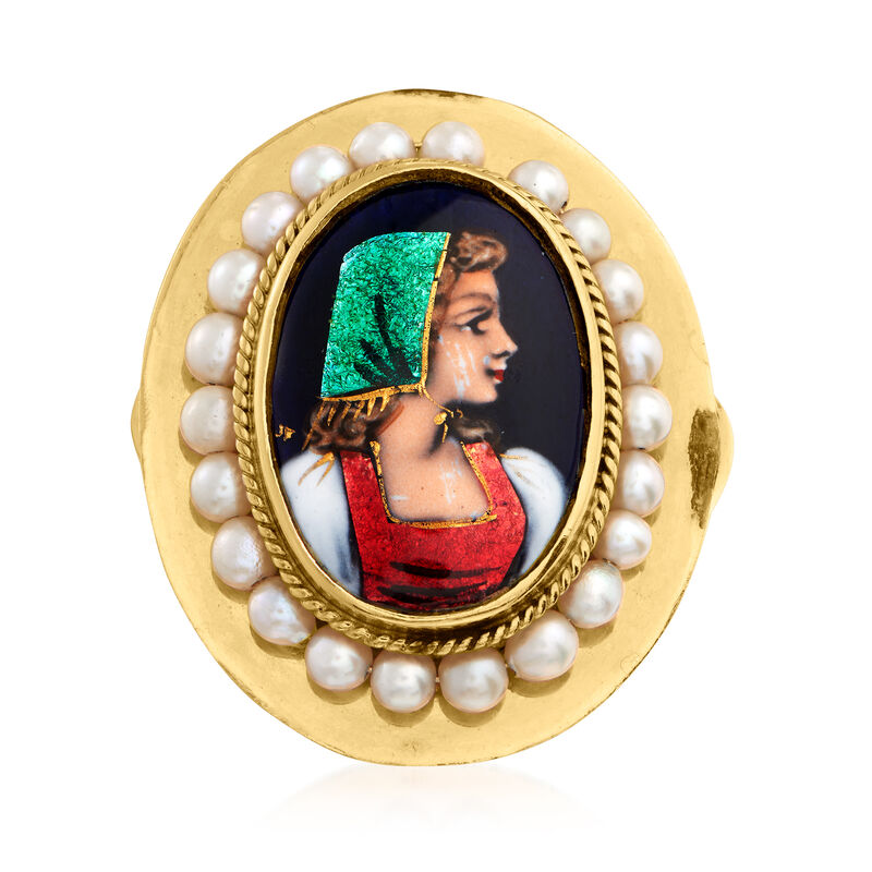 C. 1950 Vintage 2.9mm Cultured Pearl Hand-Painted Portrait Ring in 14kt Yellow Gold. Size 7.5 image number 0