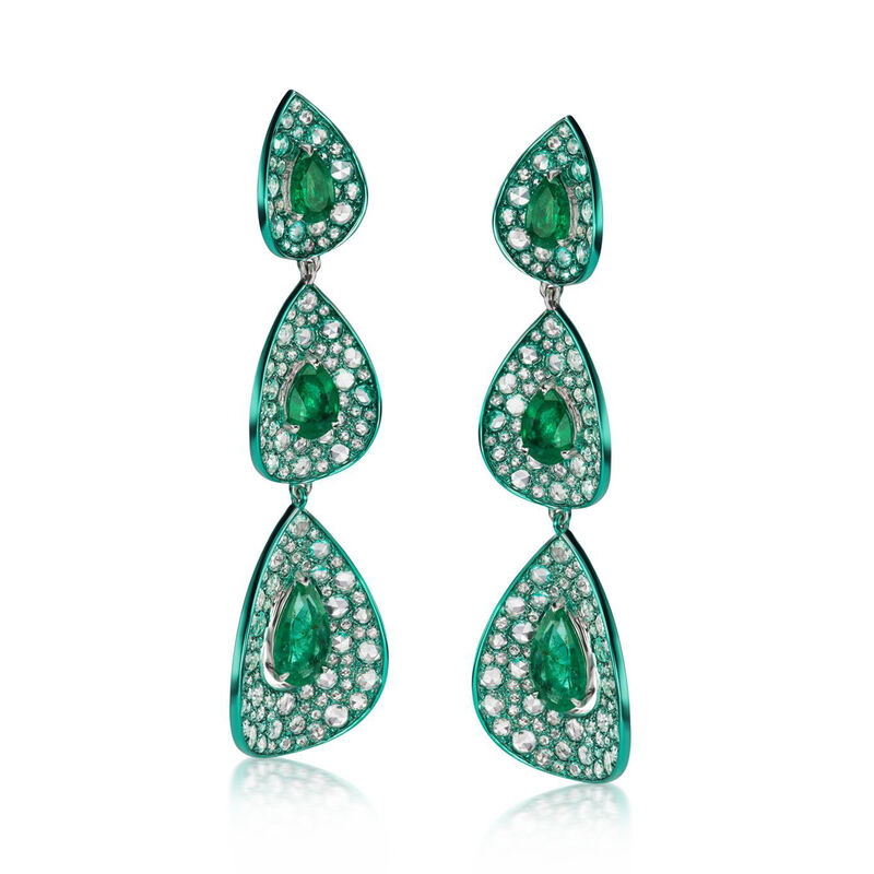 3.90 ct. t.w. Emerald and 3.75 ct. t.w. Diamond Drop Earrings in 18kt White Gold with Green Rhodium image number 1