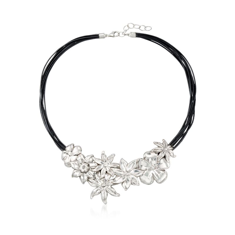 Sterling Silver and Black Leather Floral Necklace. 18&quot; image number 1