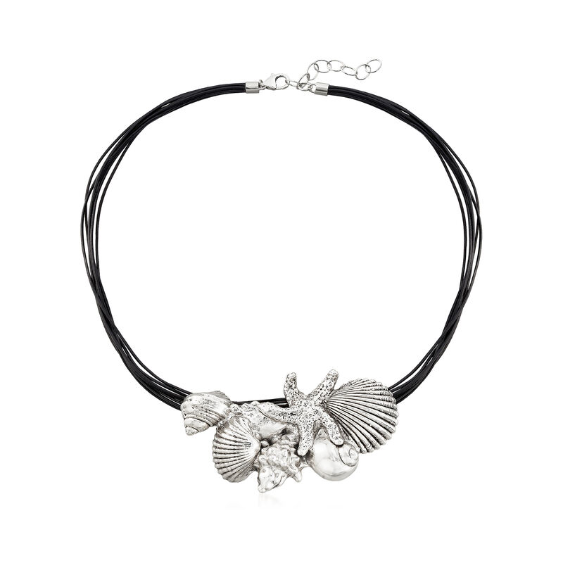 Sterling Silver Over Resin Starfish and Seashells Necklace with Black Leather. 18&quot; image number 1