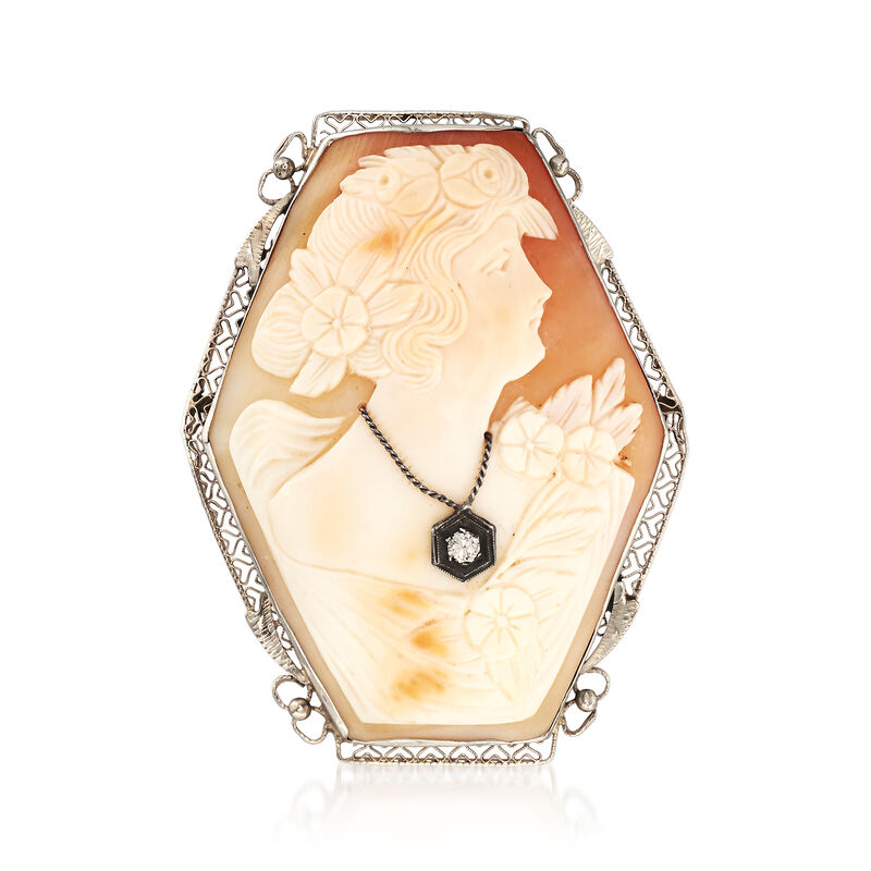 C. 1950 Vintage Pink Shell Cameo Pin Pendant with Diamond Accent image number 2