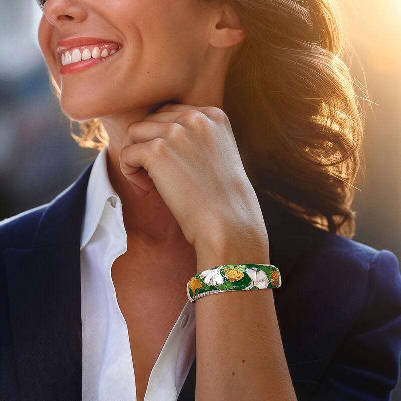 Belle Etoile &quot;Gingko&quot; Mother-of-Pearl and .20 ct. t.w. CZ Bangle Bracelet with Multicolored Enamel in Sterling Silver. 7.5&quot; image number 1