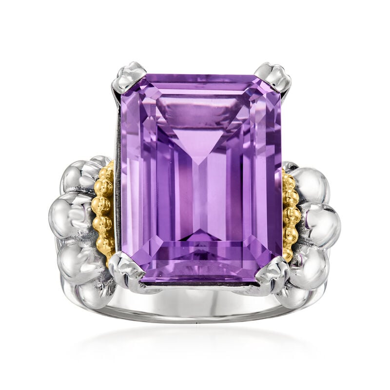 C. 2000 Vintage Lagos 14.25 Carat Amethyst Ring in Sterling Silver with 18kt Yellow Gold. Size 8 image number 0