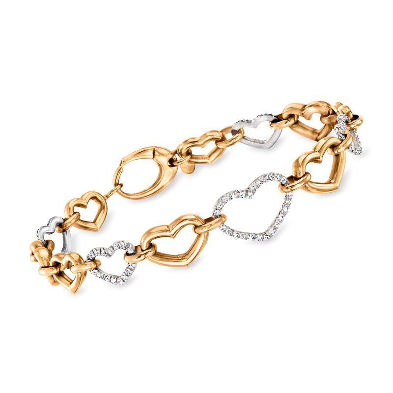 C. 1990 Vintage .91 ct. t.w. Diamond Heart-Link Bracelet in 18kt Two-Tone Gold. 7.5&quot; image number 0