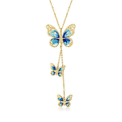 Italian Blue and Cream Enamel Butterfly Necklace in 10kt Yellow Gold