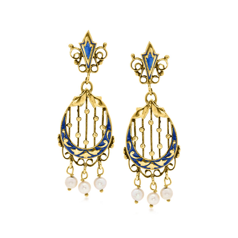 C. 1950 Vintage 3.5mm Cultured Pearl Drop Earrings with Blue Enamel in 14kt Yellow Gold  image number 0