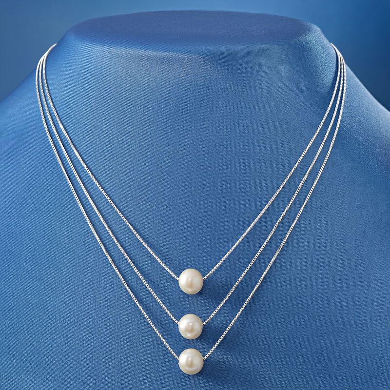 9-9.5mm Cultured Pearl Three-Strand Layered Necklace in Sterling Silver image number 2