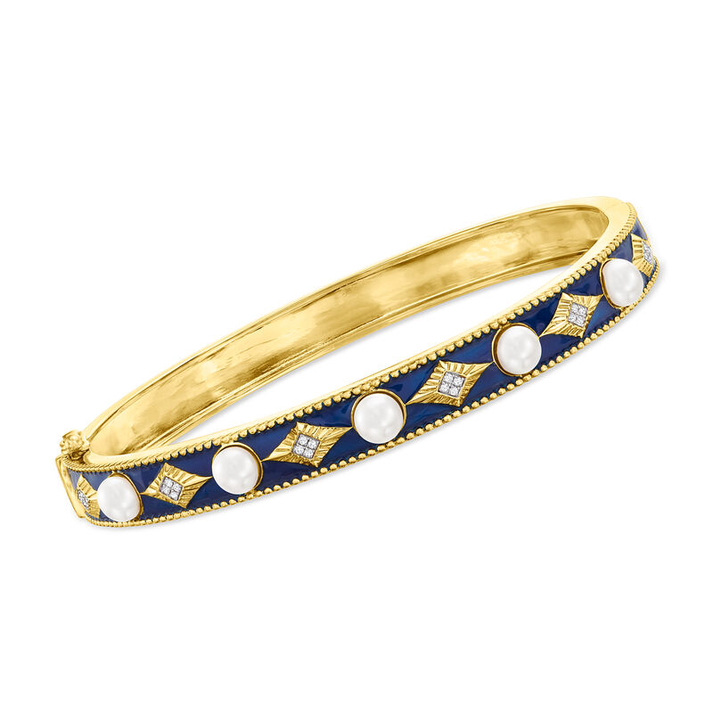 4.5-5mm Cultured Pearl Bangle Bracelet with Diamonds and Blue Enamel in 18kt Gold Over Sterling image number 0