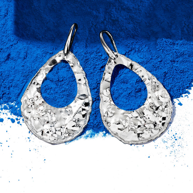 Italian Sterling Silver Hammered and Polished Open-Space Teardrop Earrings image number 2