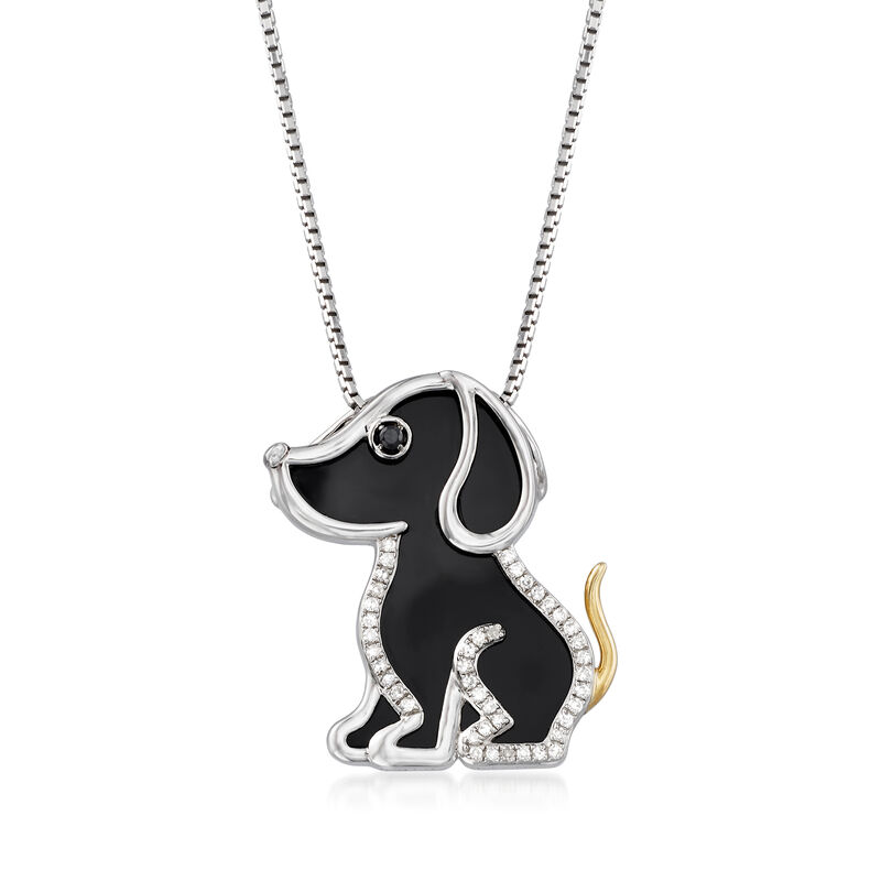Black Agate and .13 ct. t.w. Diamond Dog Pendant Necklace with 14kt Yellow Gold in Sterling Silver. 18&quot; image number 1