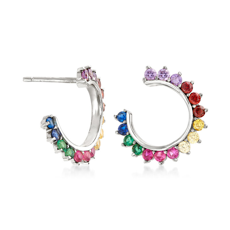 .85 ct. t.w. Multicolored CZ C-Hoop Earrings in Sterling Silver image number 2