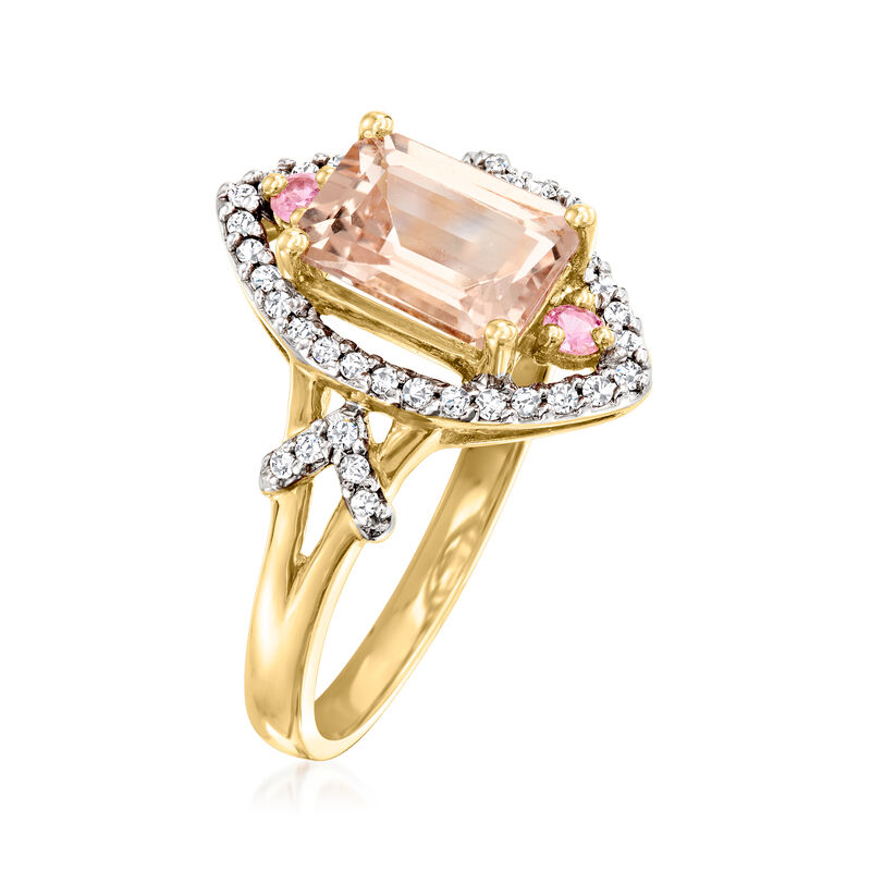 1.40 Carat Morganite and .16 ct. t.w. Diamond Ring with Pink Sapphire Accents in 14kt Yellow Gold. Size 9 image number 2