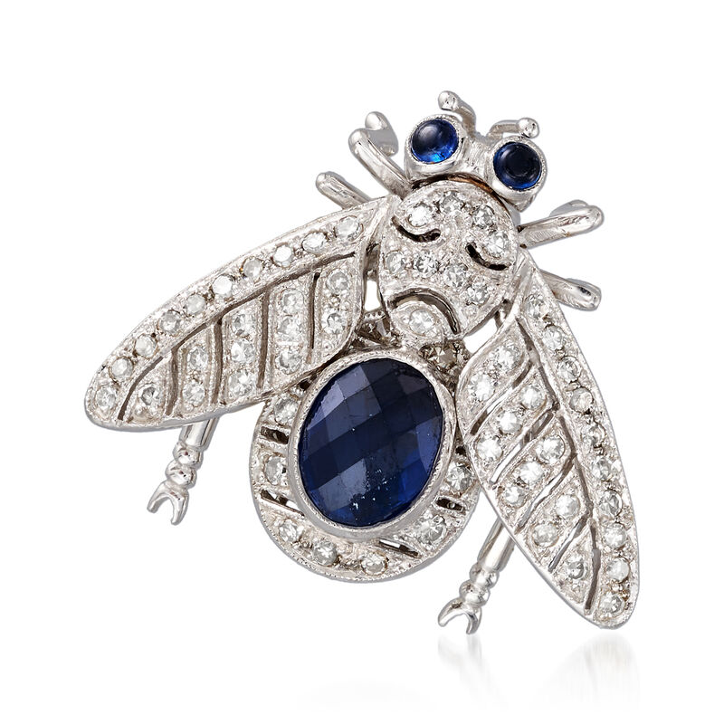 C. 1980 Vintage 1.50 ct. t.w. Sapphire and .70 ct. t.w. Diamond Bee Pin in 18kt White Gold image number 0