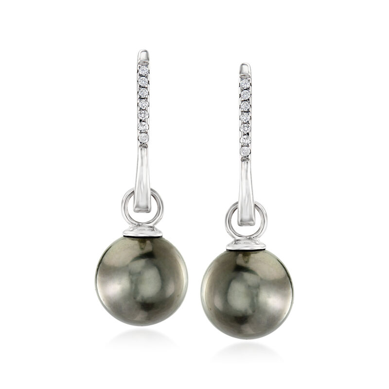 9-10mm Black Cultured Tahitian Pearl and .11 ct. t.w. Diamond Drop Earrings in 14kt White Gold image number 0