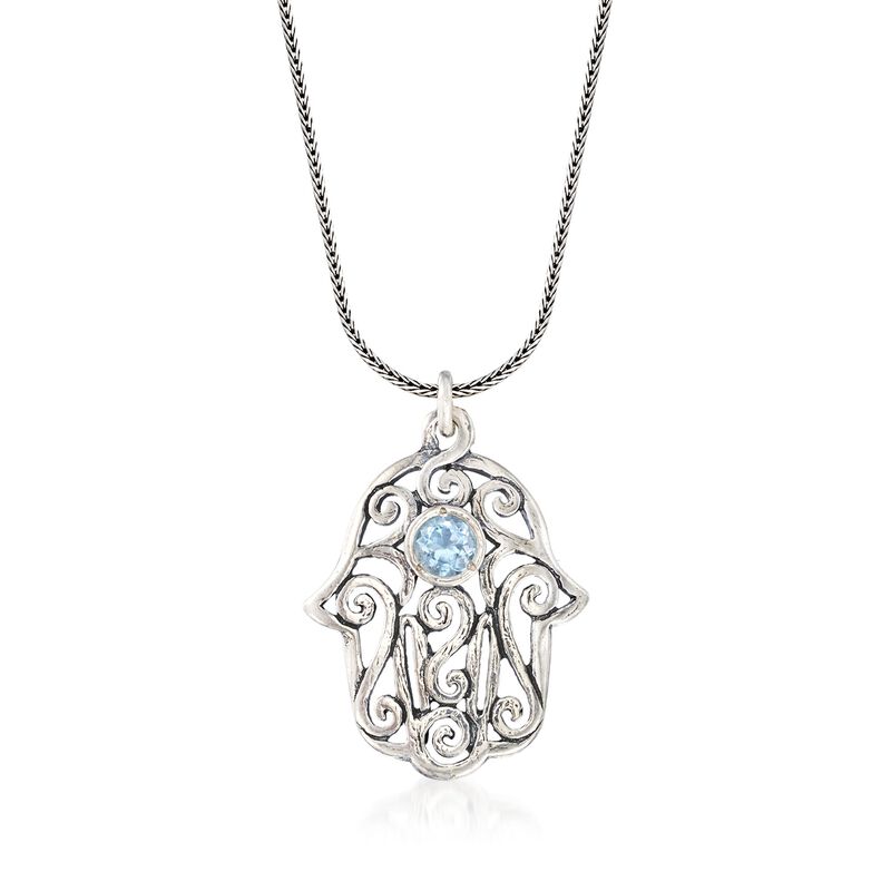 1.00 Carat Blue Topaz Hamsa Hand Scrollwork Drop Necklace in Sterling Silver image number 0