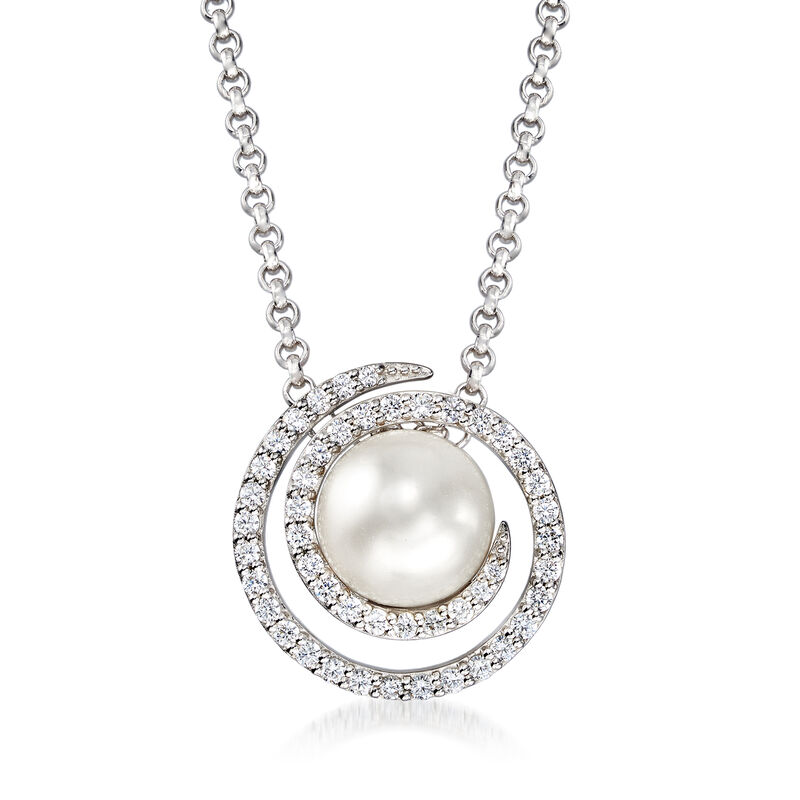 Belle Etoile &quot;Thea&quot; Simulated Pearl and .70 ct. t.w. CZ Swirl Pendant in Sterling Silver image number 0