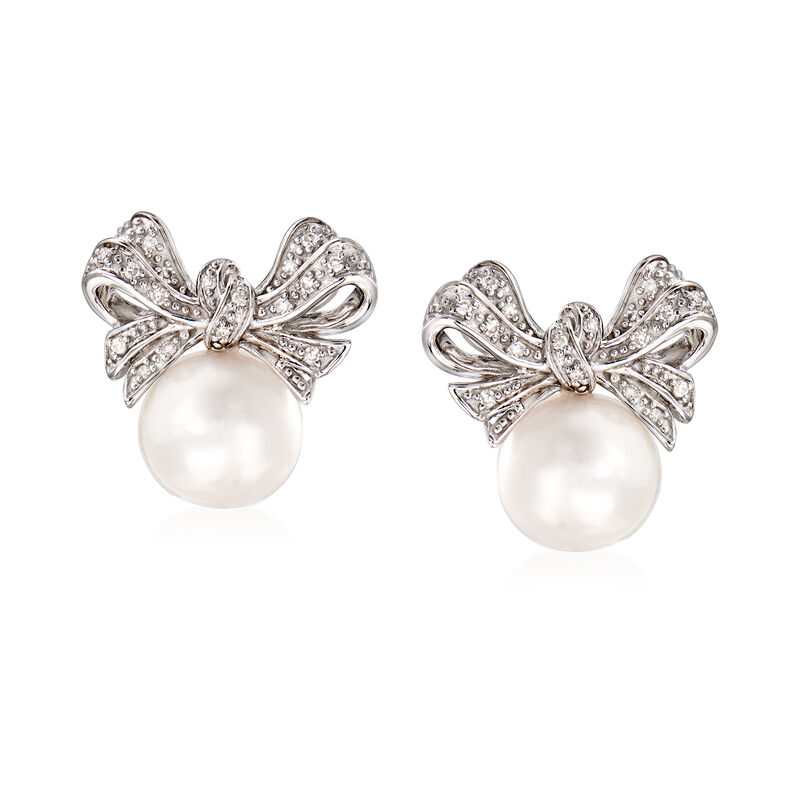 8.5-9 mm Cultured Pearl and .10 ct. t.w. Diamond Bow Earrings in Sterling Silver image number 0