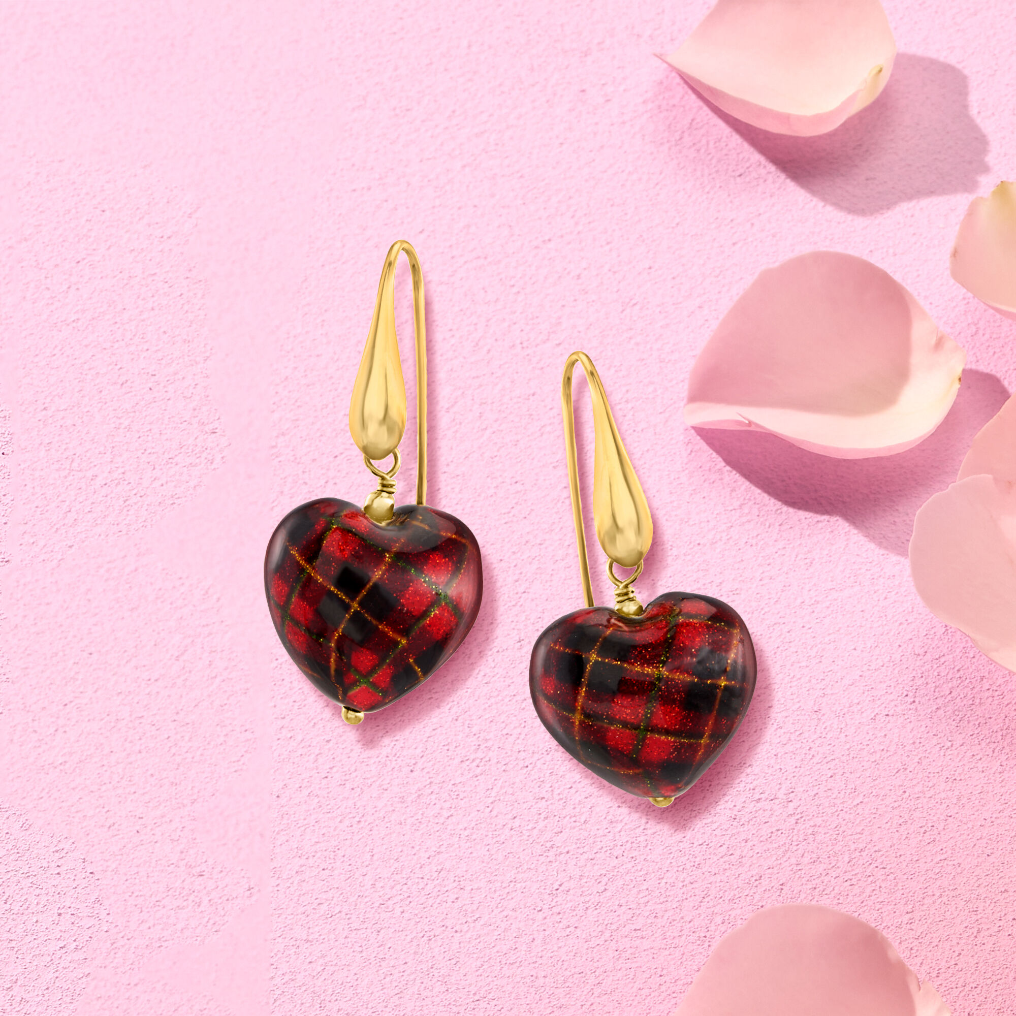 Italian Murano Glass Tartan Heart Drop Earrings in 18kt Gold Over Sterling