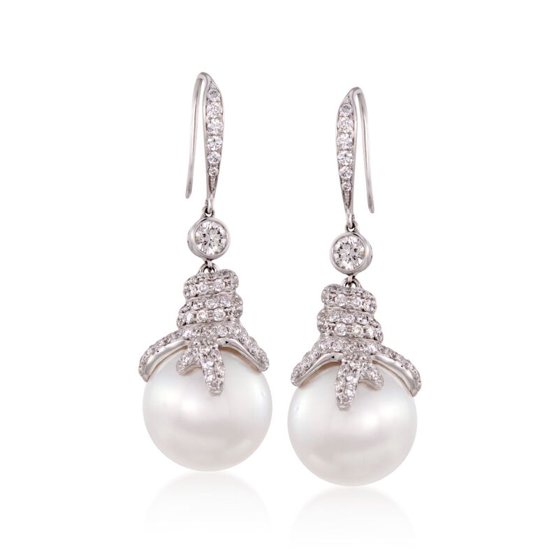 14.5mm Cultured South Sea Pearl and 2.16 ct. t.w. Diamond Earrings in 18kt White Gold image number 0