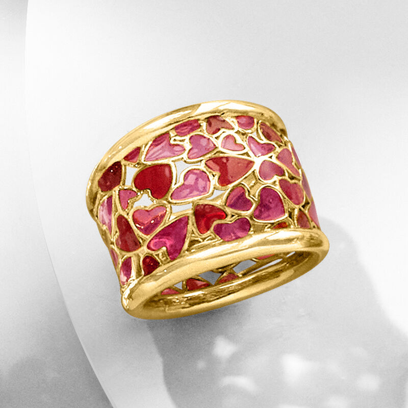 Italian Red and Pink Enamel Heart Ring in 18kt Gold Over Sterling image number 5